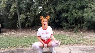 She squirts through shorts after gym class outdoor