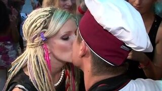 Blonde beauteous girl engulfing wang with cream