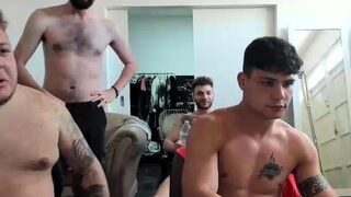 Two muscled aroused gay studs licking balls in kitchen