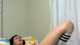 Busty curly brunette with big boobs fucks on couch