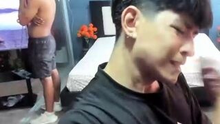 Two randy gay fellas giving blowjobs in group sex action