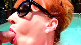 Red XXX masturbating and sucking cock while in the pool