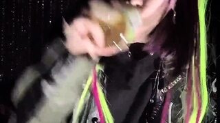 Three amateur teens in stockings give hot blowjob