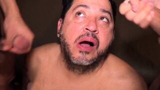 Chubby Latin DILF barebacked in 3some