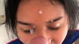 Asian girl big facial in staircase