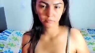 Busty curly brunette with big boobs fucks on couch