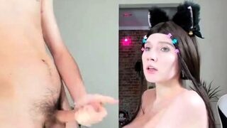 Busty curly brunette with big boobs fucks on couch