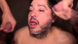 Chubby DILF barebacked by 3some twinks