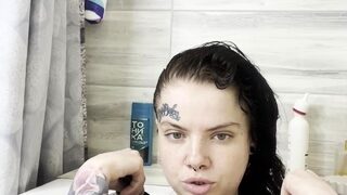 Busty curly brunette with big boobs fucks on couch