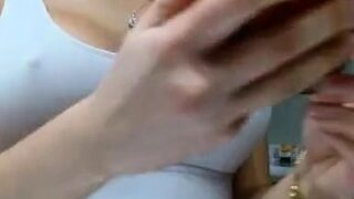 Busty curly brunette with big boobs fucks on couch
