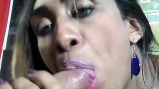 Huge ass shemale in yellow swimsuit sucks a big cock and
